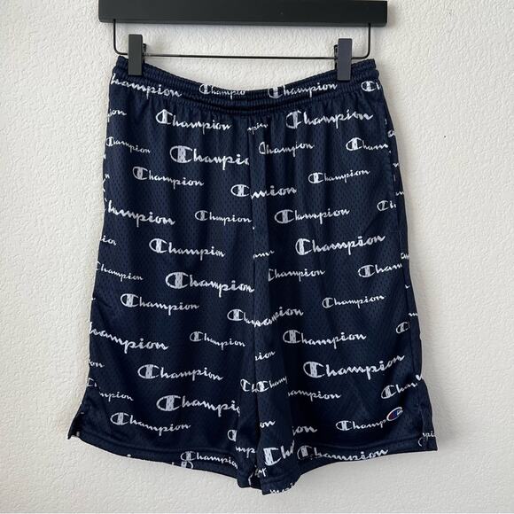 Champion Allover Logo Print Mesh Active Shorts Navy Blue White - Picture 1 of 5